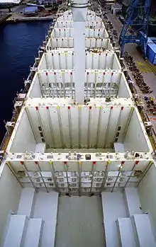 The cargo holds of a container ship