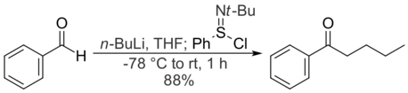 Benzaldehyde and n-butyllithium react to give a secondary alkoxide, which reacts with N-tert-butylbenzenesulfinimidoyl chloride to give a ketone.