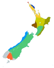 Map of New Zealand divided into multicoloured areas