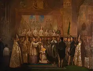 A painting depiciting a kneeling man being crowned by a mitered bishop, and surrounded by clerics and uniformed courtiers with a crowd of onlookers in the background