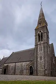 Church with steeple shown