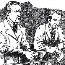 Sketch of Charles Mowbray (left) and Nicoll in court