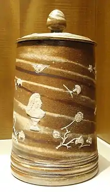 Covered tankard made by Fulham Pottery, c. 1685-1690