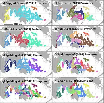 The figure shows 8 maps of biogeographic regionalizations that were tested using model selection with analysis of molecular variance(AMOVA) by Crandall et al. 2019.