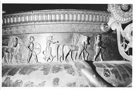 Procession of chariots and warriors on the Vix krater (c. 510), a vessel of Archaic Greek workmanship found in a Gallic burial.