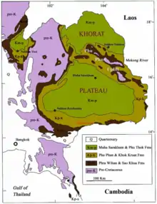 Map of northeast and southeastern Thailand showing the distribution of Cretaceous geological strata