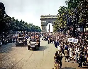 Free French forces on parade after the liberation of Paris on 26 August 1944.