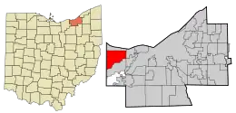 Location of Westlake in Ohio (left) and in Cuyahoga County, Ohio (right)