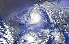 Image of a cyclone whose center is slightly above center. The storm's clouds appear white with a bluish tinge. An eye is visible in gray shades at the storm's center. While the thicker clouds are opaque and clustered around the cyclone's center, sprawling, transparent clouds span the length of the image.