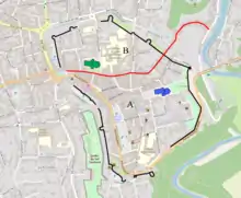 Plan de Dinan montrant l'enceinte médiévale, les deux églises et la délimitation entre le territoire des paroisses.