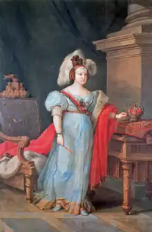 Queen Maria II of Portugal in a blue and gold embroidered gown (1835)