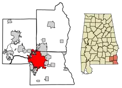 Location of Dothan in Dale, Henry, and Houston Counties, Alabama