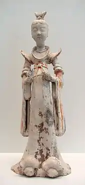 Tomb figure from the 7th–8th century of a lady attendant during the Tang era. Female hosts prepared feasts, tea parties, and played drinking games with their guests