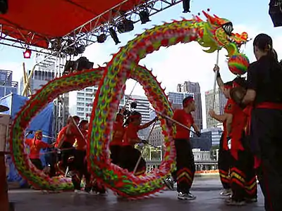 Members of the Chinese Youth Society of Melbourne performing for Chinese New Year, at Crown Casino, demonstrate a basic "corkscrew" routine