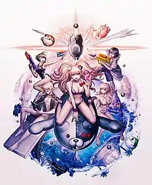 The characters (clockwise from top middle) Monokuma, Monomi, Kokichi Oma, Monodam, Chiaki Nanami, Junko Enoshima, Byakuya Togami, and Komaru Naegi are illustrated above a seaside-like planet, intended to depict Jabberwock Island