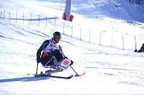 Sitting skier skiing downhill