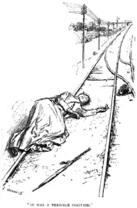 Frightened by a young colt, she runs and falls on the railway line