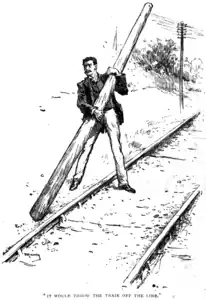 Seeing his love fallen on the track and a train approaching, he grabs a pole to derail the train