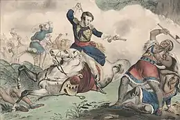 Tecumseh clutches his chest after Johnson has shot him from horseback