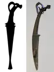 Deer stone drawing of a dagger and its scabbard (left), and Chinese Shang dynasty knife in Northern Steppe style (right).