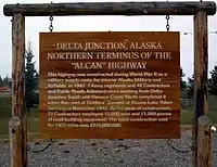 Signpost at Delta Junction marks the end of the ALCAN Highway.