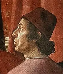 Demetrios Chalkokondyles, detail of Zachariah in the Temple by Domenico Ghirlandaio. Fresco. Santa Maria Novella, Cappella Tornabuoni, Florence, Italy. 1486–1490.