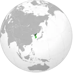 Territory controlled by North Korea shown in dark green; territory claimed but not controlled shown in light green.