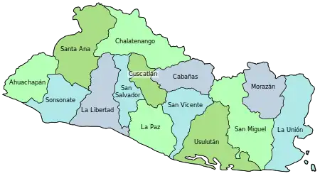 A map of El Salvador divided into its 14 departments