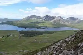 Derryclare (left), Bencorr (centre), Bencorr North Top (right); Benbaun is far right