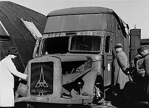 A destroyed Magirus-Deutz gas van found in 1945 in Koło, Poland, not far from the Chełmno extermination camp