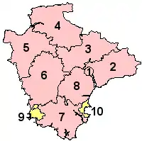 Map of Devon. Plymouth and Torbay shown in yellow, other districts in pink.