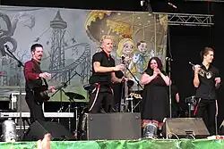 Diablo Swing Orchestra at the Global East Rock Festival in 2010. From left to right: Pontus Mantefors, Johannes Bergion, AnnLouice Lögdlund, and Martin Isaksson.