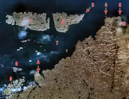 Location of Cape Wolstenholme (4) and Erik Cove (6). Click on image for full legend.