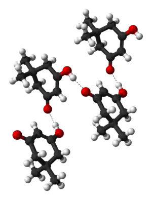 Ball-and-stick model of a hydrogen-bonded dimedone chain, as found in the crystal structure