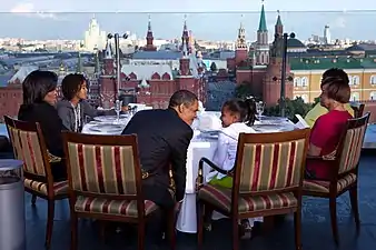 Barack Obama dining with the First Family on the roof of the Ritz Carlton Hotel, July 7, 2009.