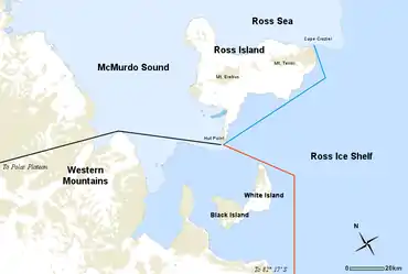 The routes of the expedition's main journeys are shown by differentiated lines emanating from the base at Hut Point.