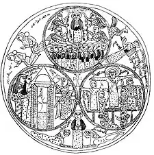 Paten with biblical scenes in medallions, counterclockwise from bottom left: women at the empty tomb, the crucifixion, and the Ascension. Semirechye, 9th–10th century.