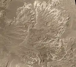 Probable delta in Eberswalde crater, as seen by Mars Global Surveyor.  Image in Margaritifer Sinus quadrangle.