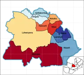 Map of the Copperbelt Province showing its districts.