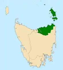 Map of the Tasmanian House of Assembly divisions, Bass highlighted in green.