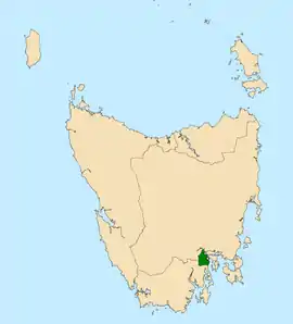 Map of the Tasmanian House of Assembly divisions, Clark highlighted in green.