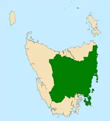 Map of the Tasmanian House of Assembly divisions, Lyons highlighted in green.