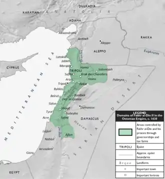 A grayscale map of the Levant (Near East) region, showing Ottoman eyalets (provinces) with the domains of an autonomous local ruler shaded in green