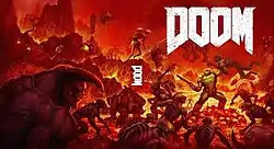 Doom's alternate cover, inspired by the original Doom's cover. The Doom Slayer is shown fighting a horde of demons in Hell atop a mound of their corpses, in a pond of magma