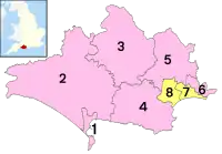 Map of Dorset. Bournemouth and Poole shown in yellow, other districts in pink.