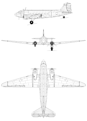 3-view line drawing of the Douglas DC-3