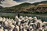 A river with terraced vineyards.