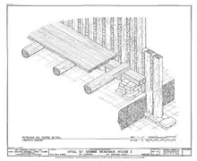 Drawing of Poteaux-en-Terre post in ground type of wall construction (this example technically called pallisade construction) in the Beauvais House in Ste Genevieve, Missouri