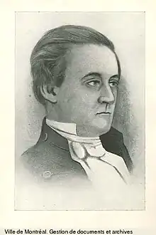 Head shot of fair-skinned man, half-profile, wearing mid-19th century jacket and neckcloth