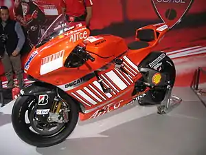 Casey Stoner's 2008 Ducati Desmosedici GP8 with the alternative "barcode" livery.